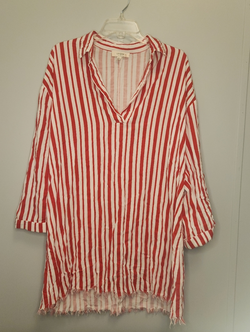 Umgee Red and White Striped V-Neck Tunic Top Size XL